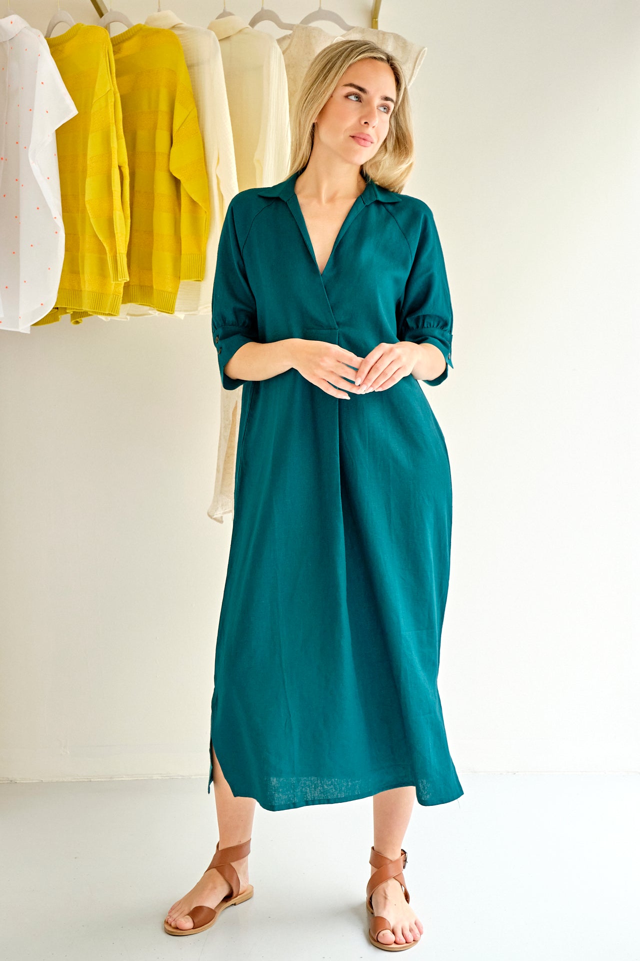 VESTIDO CAMISERO LINO VERDE ESMERALDA