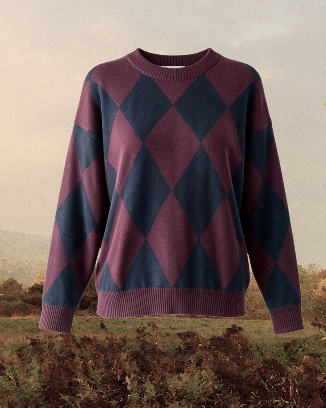 JERSEY ROMBOS LANA MERINO BERENJENA Y AZUL