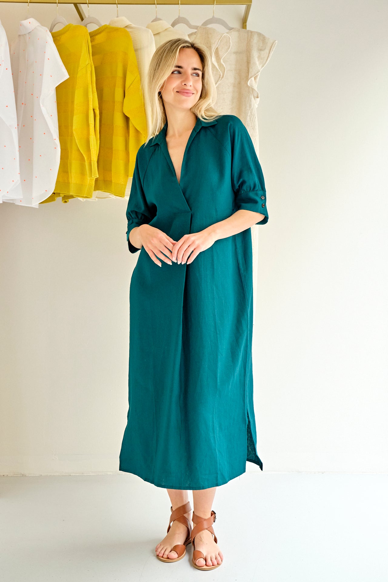 VESTIDO CAMISERO LINO VERDE ESMERALDA
