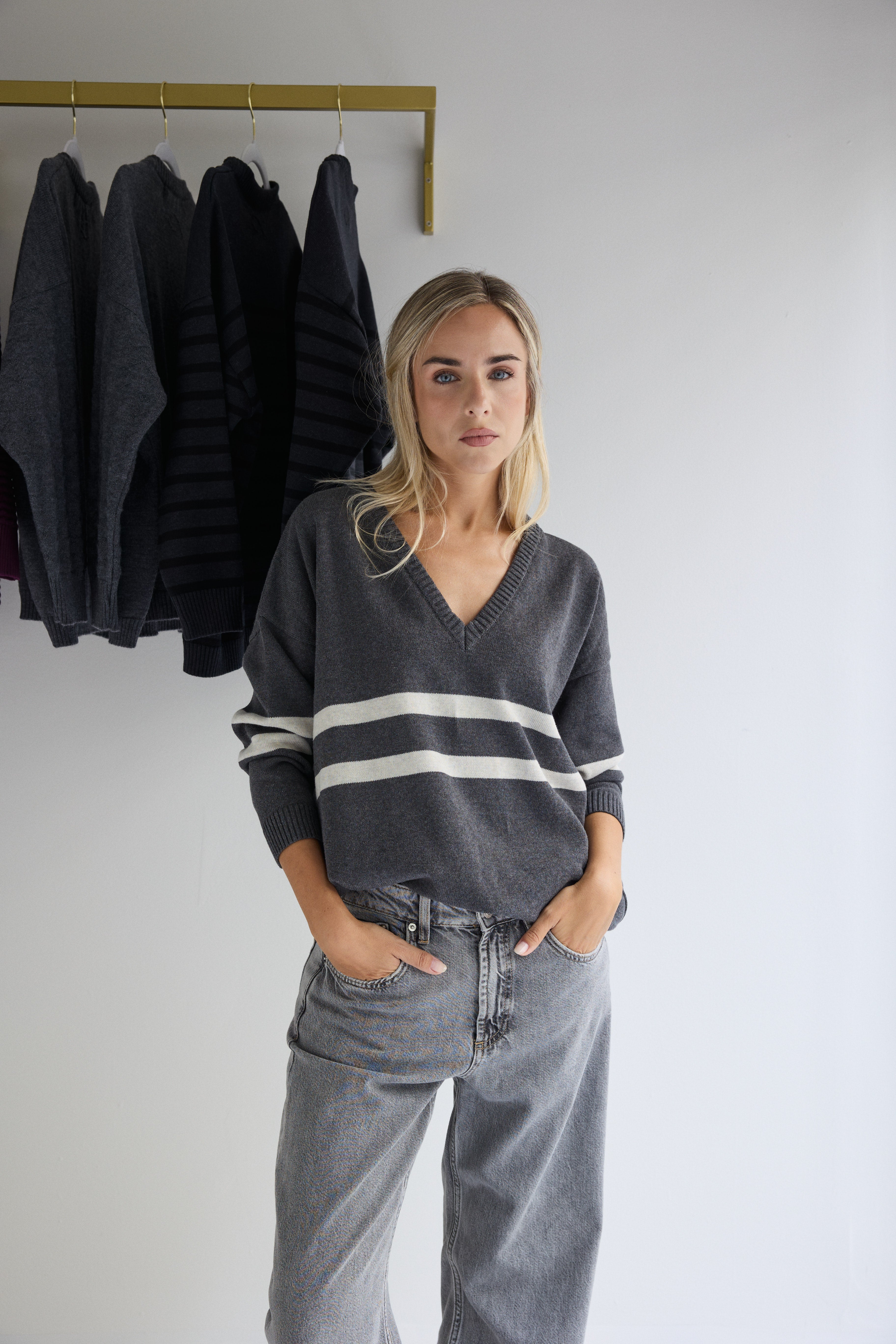 White and blue sailor-style jersey sample sale, no exchanges or returns.