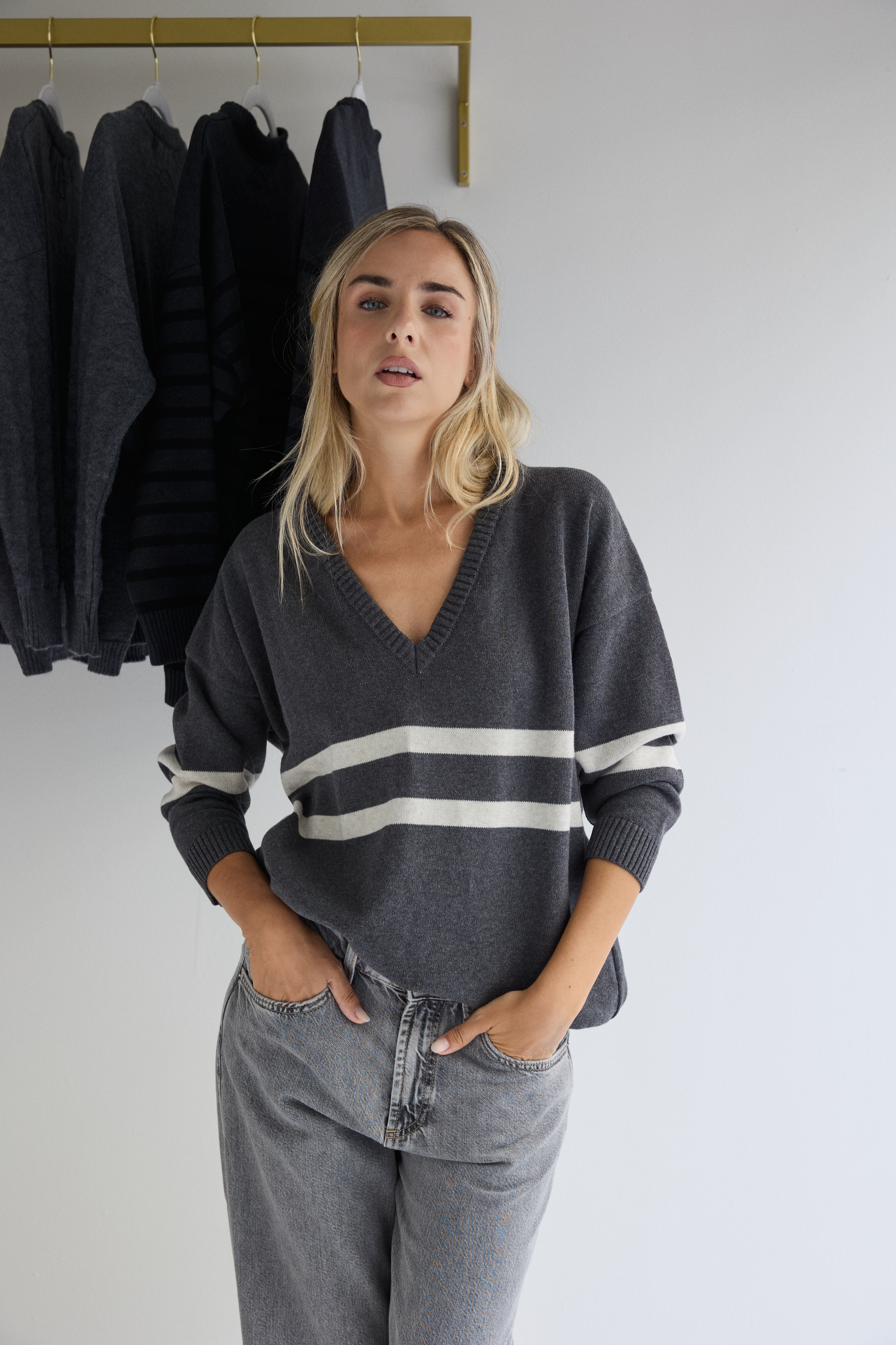 White and blue sailor-style jersey sample sale, no exchanges or returns.