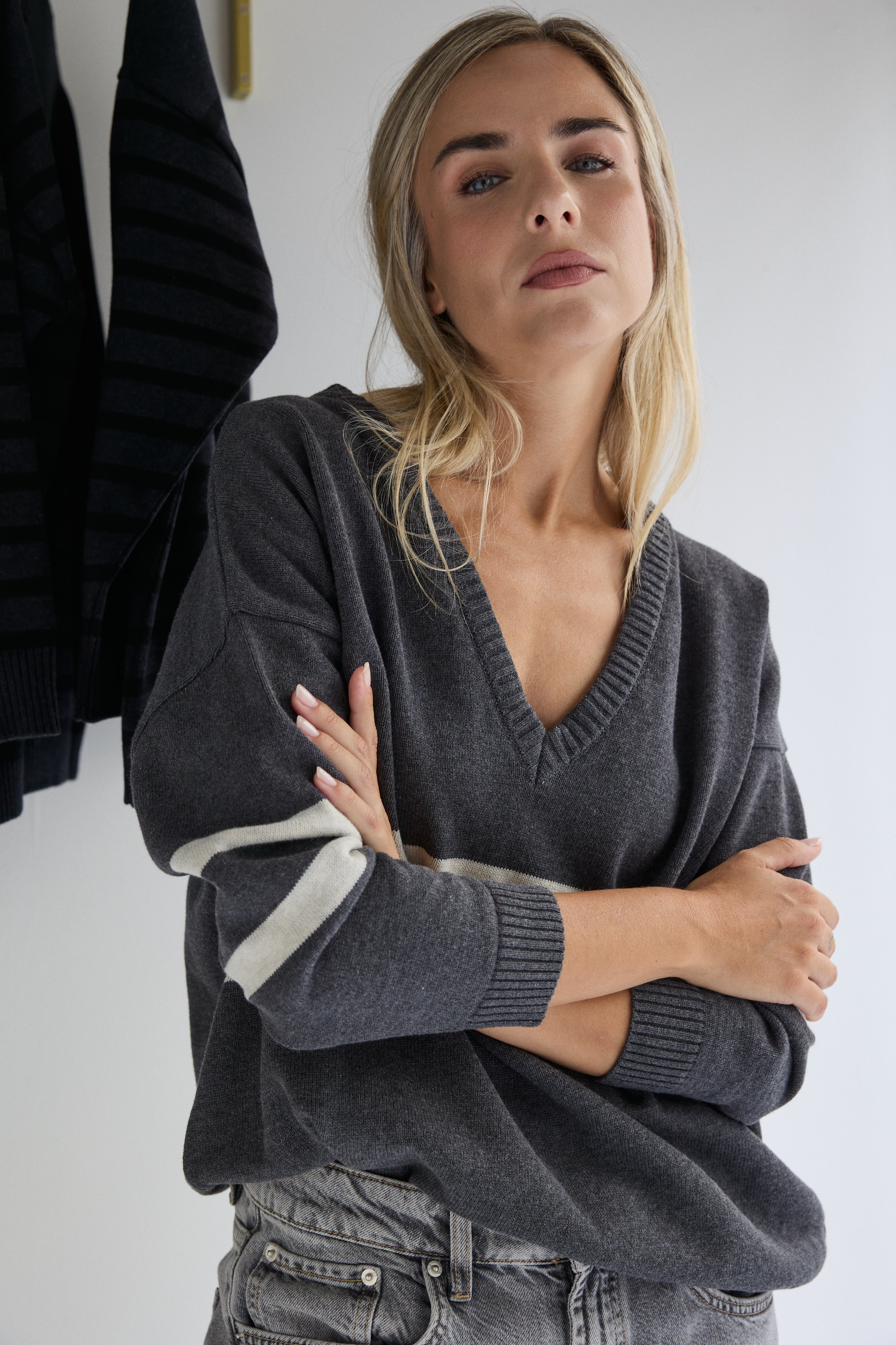 White and blue sailor-style jersey sample sale, no exchanges or returns.