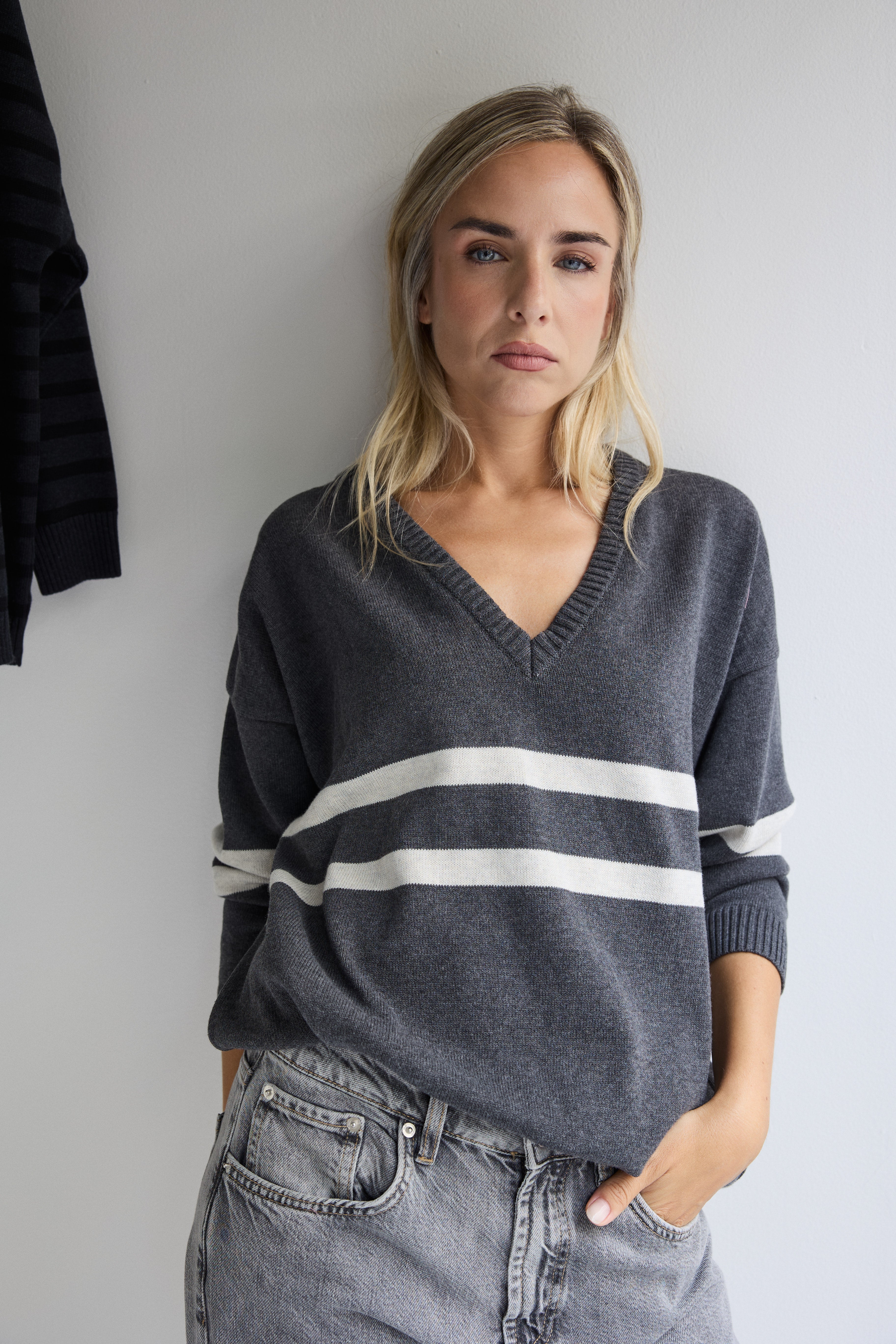 White and blue sailor-style jersey sample sale, no exchanges or returns.